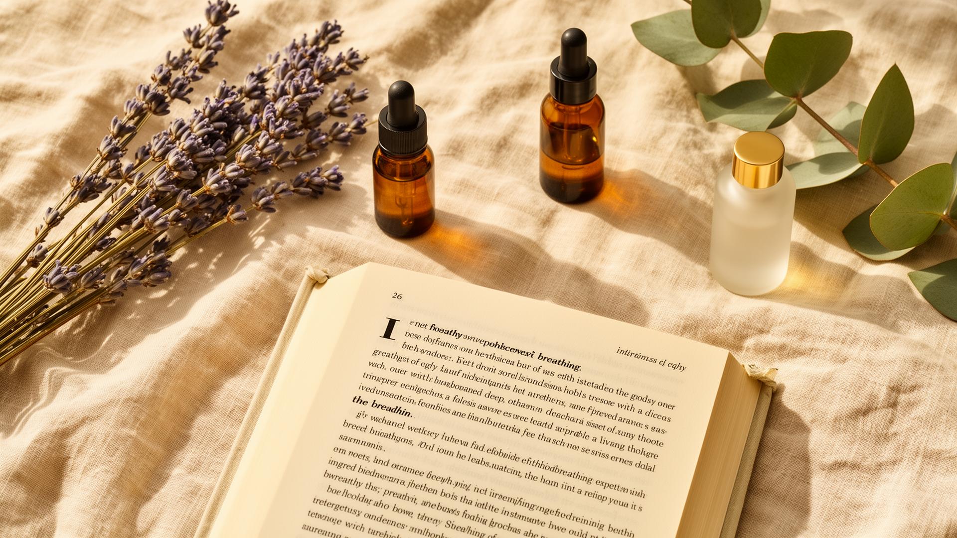 Aceites esenciales premium junto al atlas de la respiración