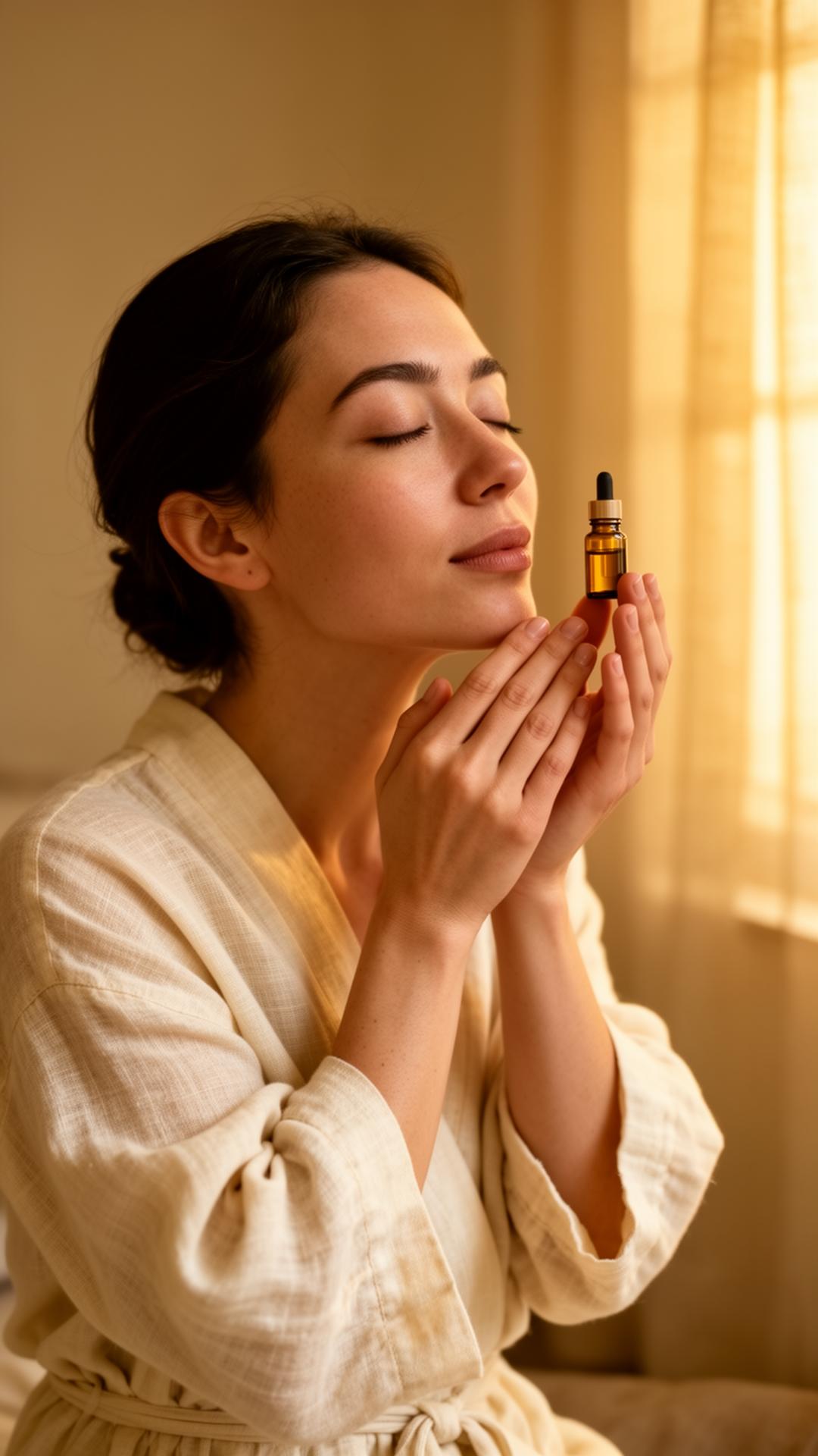 Mujer inhalando aceite esencial en un ritual de respiración