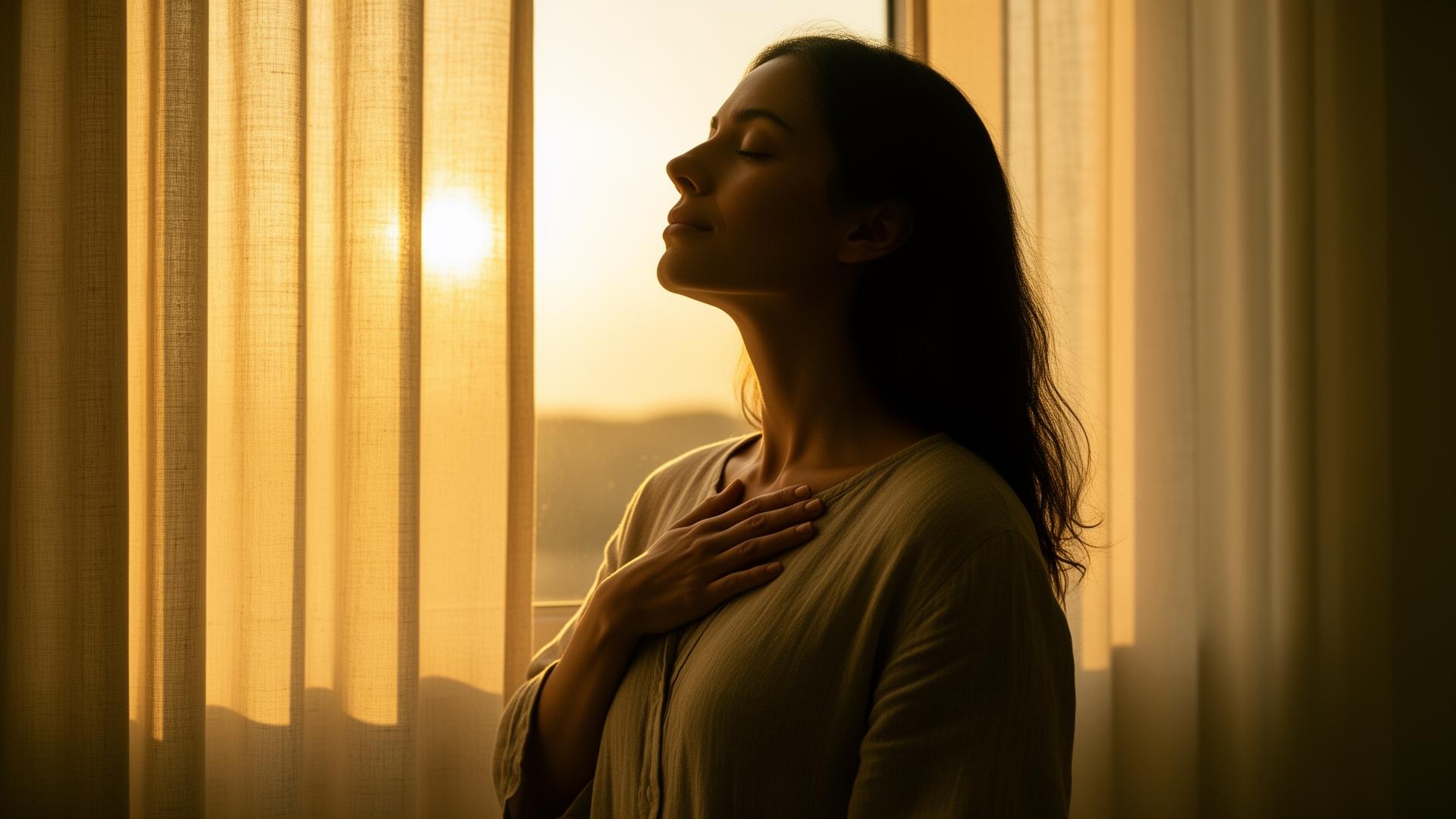 Mujer respirando junto a la ventana en luz dorada